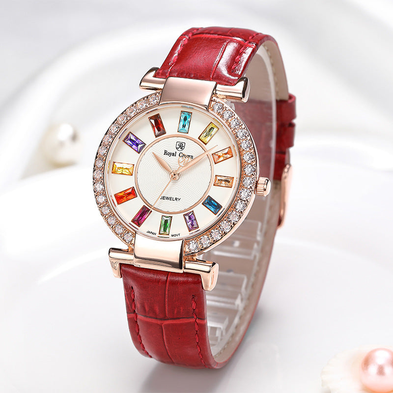 Royal Crown Royakron Watch Casual Belt Color Inlaid Zircon Fashion Women&amp;#039;s Watch