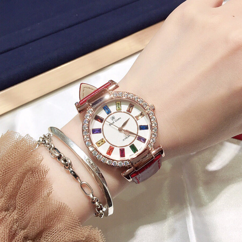 Royal Crown Royakron Watch Casual Belt Color Inlaid Zircon Fashion Women&amp;#039;s Watch
